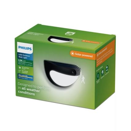 Philips - Aplică de perete solară LED cu senzor SWYN, 3,8 W / 3,7 V, 800 mAh, 2700 K, IP44, neagră