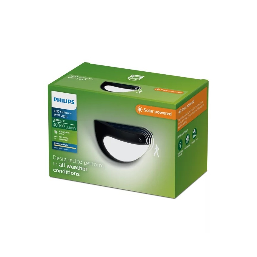 Philips - Aplică de perete solară LED cu senzor SWYN, 3,8 W / 3,7 V, 800 mAh, 2700 K, IP44, neagră