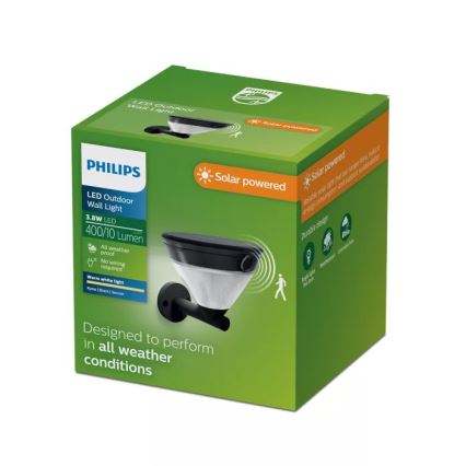 Philips - Lampă solară de perete LED cu senzor KYNA LED/3,8W/3,7V 800 mAh 2700K IP44 neagră