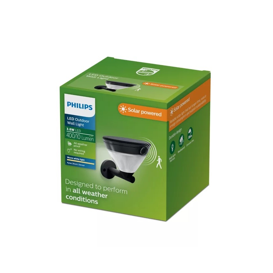 Philips - Lampă solară de perete LED cu senzor KYNA LED/3,8W/3,7V 800 mAh 2700K IP44 neagră