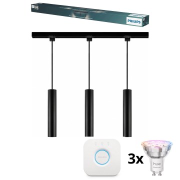 Philips - Lampă suspendată LED RGBW dimabilă, cu cablu, pentru sistem pe șină EASYLINK HUE 3xGU10/4,7W/230V 2200-6500K 1m negru + Hue bridge