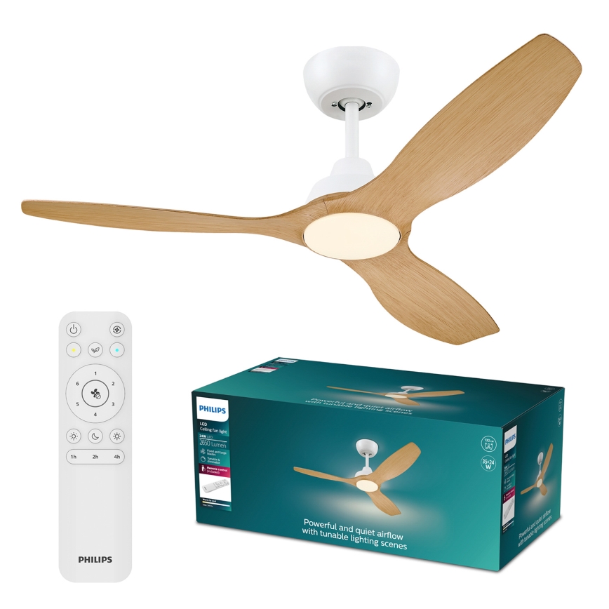 Philips - Ventilator de tavan LED dimabil OLAS LED/24W/230V Ø 132 cm alb/maro + telecomandă