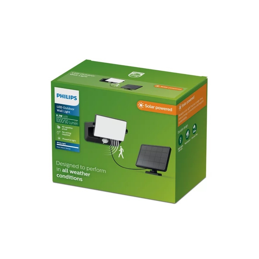 Philips - Reflector LED solar de perete cu senzor FYNS LED/8,2W/3,7V 2600 mAh 3000K IP44 negru