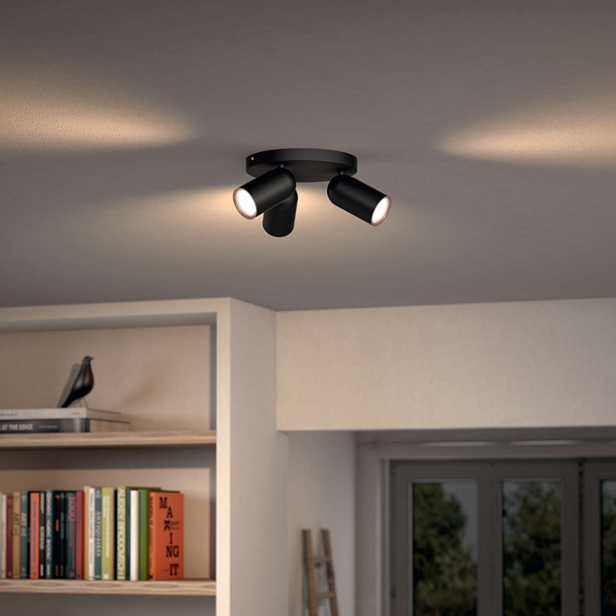 Philips PONGEE Spot LED RGBW reglabil, 3x GU10, 4,8 W, 230 V, 3000 K, negru + telecomandă