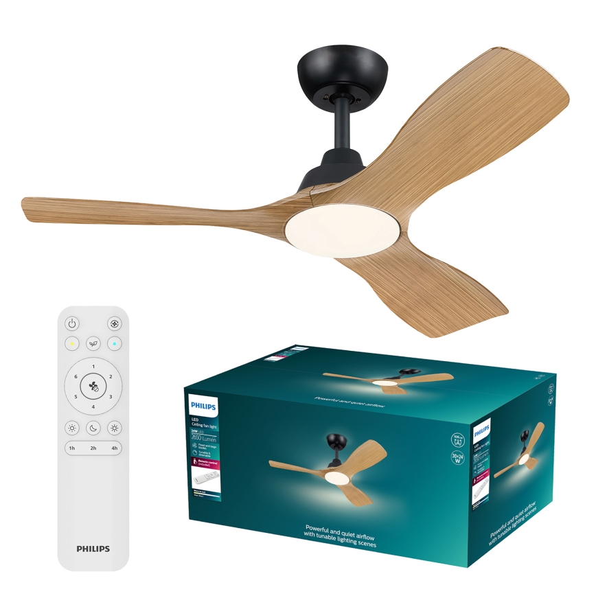 Philips - Ventilator de tavan OLAS cu LED dimabil, 24W/230V, Ø 106 cm, negru/maro + telecomandă