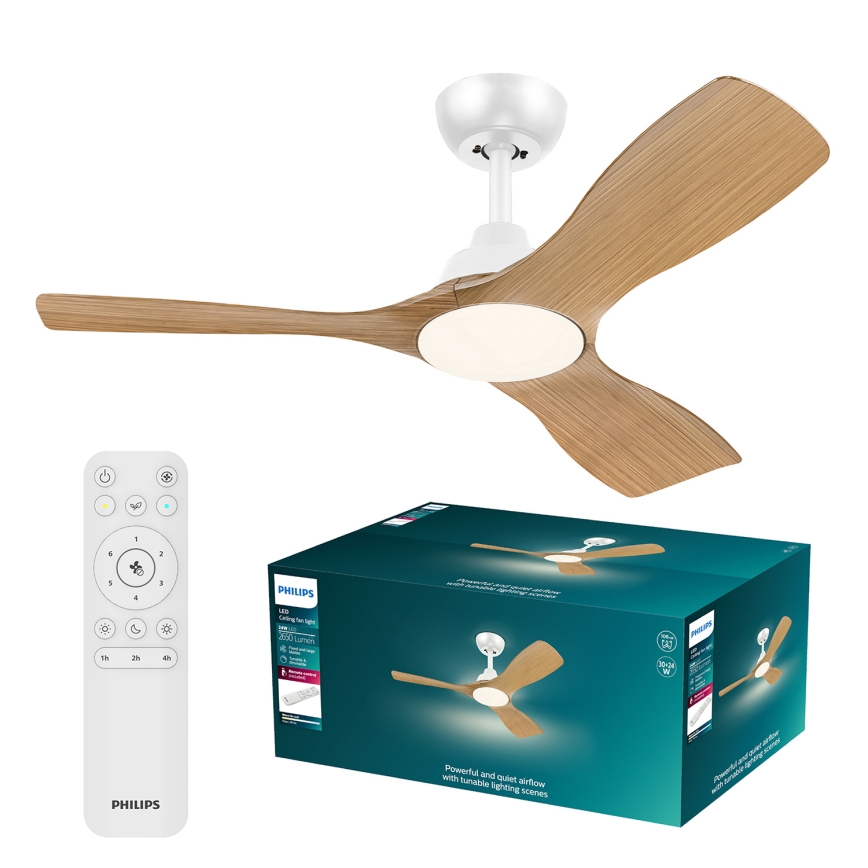 Philips - Ventilator de tavan LED dimabil OLAS, 24 W, 230 V, Ø 106 cm, alb/maro + telecomandă