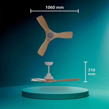 Philips - Ventilator de tavan LED dimabil OLAS, 24 W, 230 V, Ø 106 cm, alb/maro + telecomandă