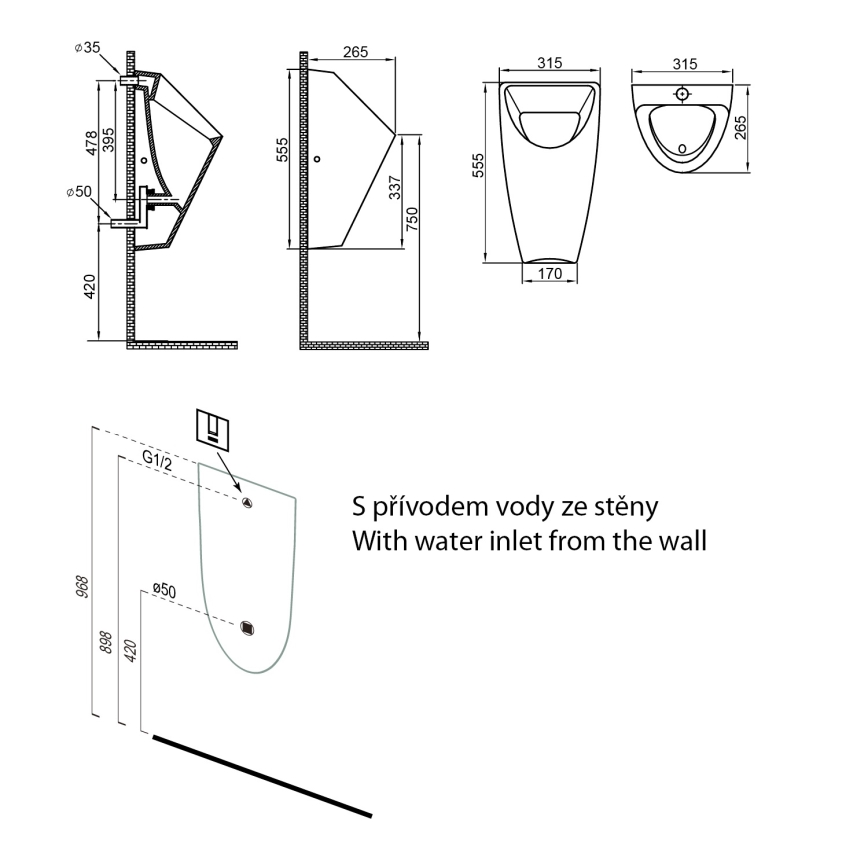 Pisoar Bruckner SCHWARN alimentare posterioară, evacuare posterioară, ceramică/alb