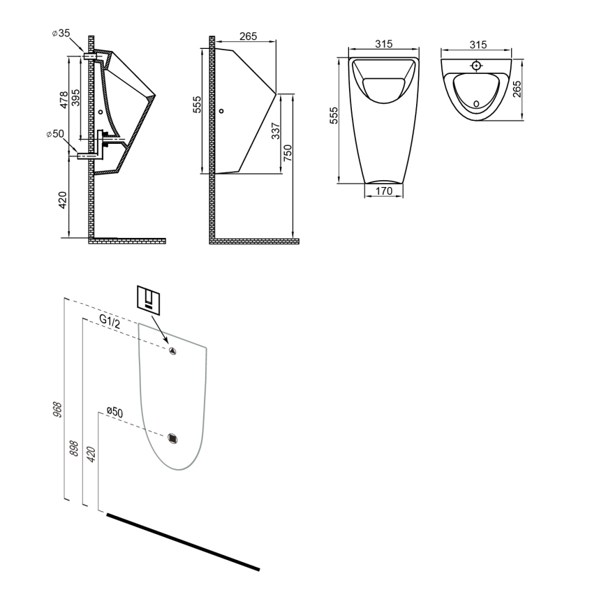 Pisoar Bruckner SCHWARN alimentare posterioară, evacuare posterioară, ceramică/negru mat