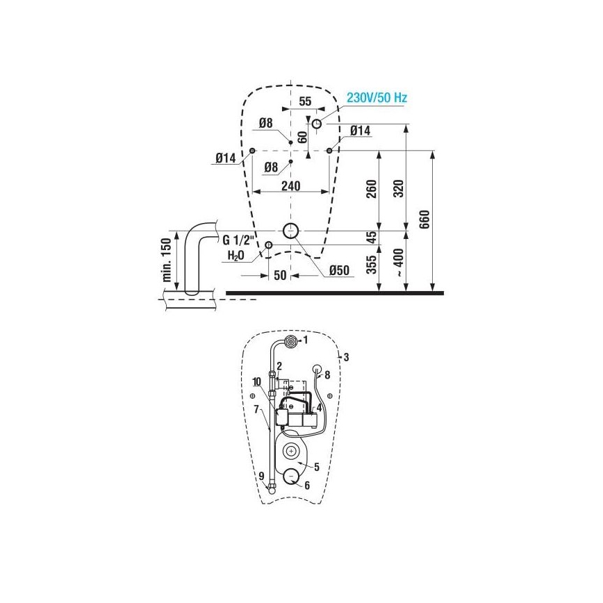 Pisoar cu senzor JIKA H8430700004901 GOLEM 230V admisie interioară, evacuare posterioară ceramică/alb