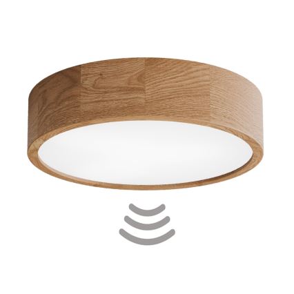 Plafonier CLEO cu senzor de mișcare și senzor crepuscular, 3xE27/24W/230V, Ø 37,5 cm, stejar