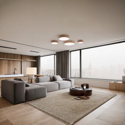 Plafonieră CLEO, cu senzor de mișcare și de crepuscul, 6xE27/24W/230V, Ø 80 cm, stejar