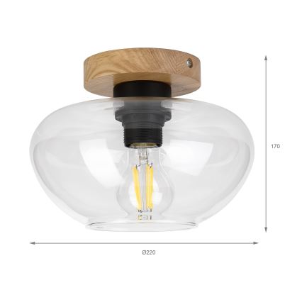 Plafonieră FLO WOOD 1xE27/15W/230V, stejar/transparent, Ø 22 cm