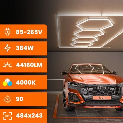 Plafonieră LED HEXAGON, 384 W, 85-265 V, 4000 K, 484 x 243 cm, CRI 90, IP54, albă