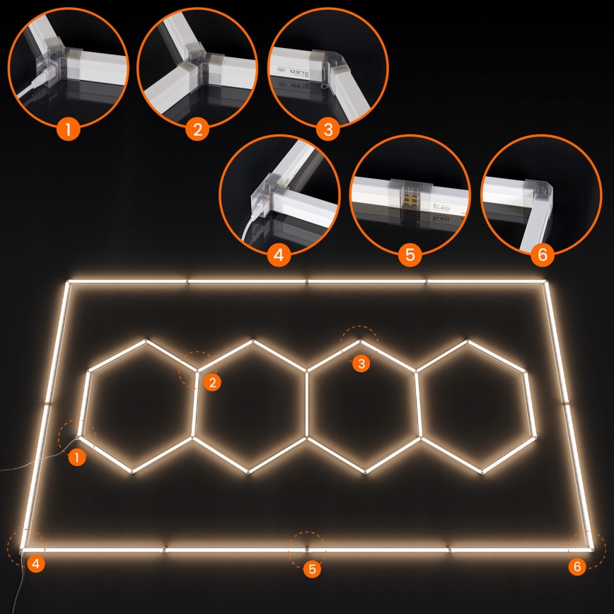 Plafonieră LED HEXAGON, 384 W, 85-265 V, 4000 K, 484 x 243 cm, CRI 90, IP54, albă
