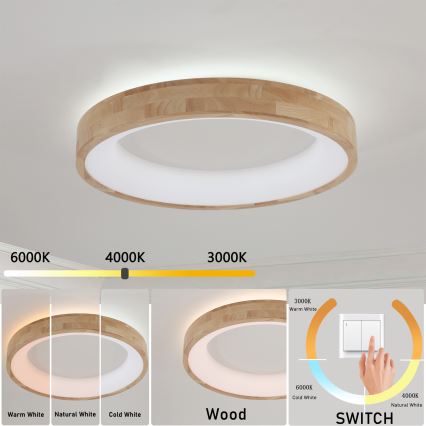 Brilagi - Plafonieră LED FALCON WOOD, 40 W, 230 V, 3000/4000/6000 K, Ø 60 cm, finisaj lemn
