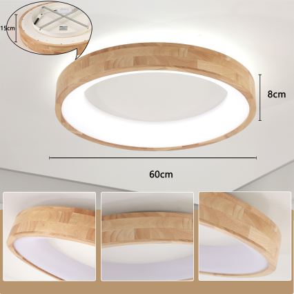 Brilagi - Plafonieră LED FALCON WOOD, 40 W, 230 V, 3000/4000/6000 K, Ø 60 cm, finisaj lemn
