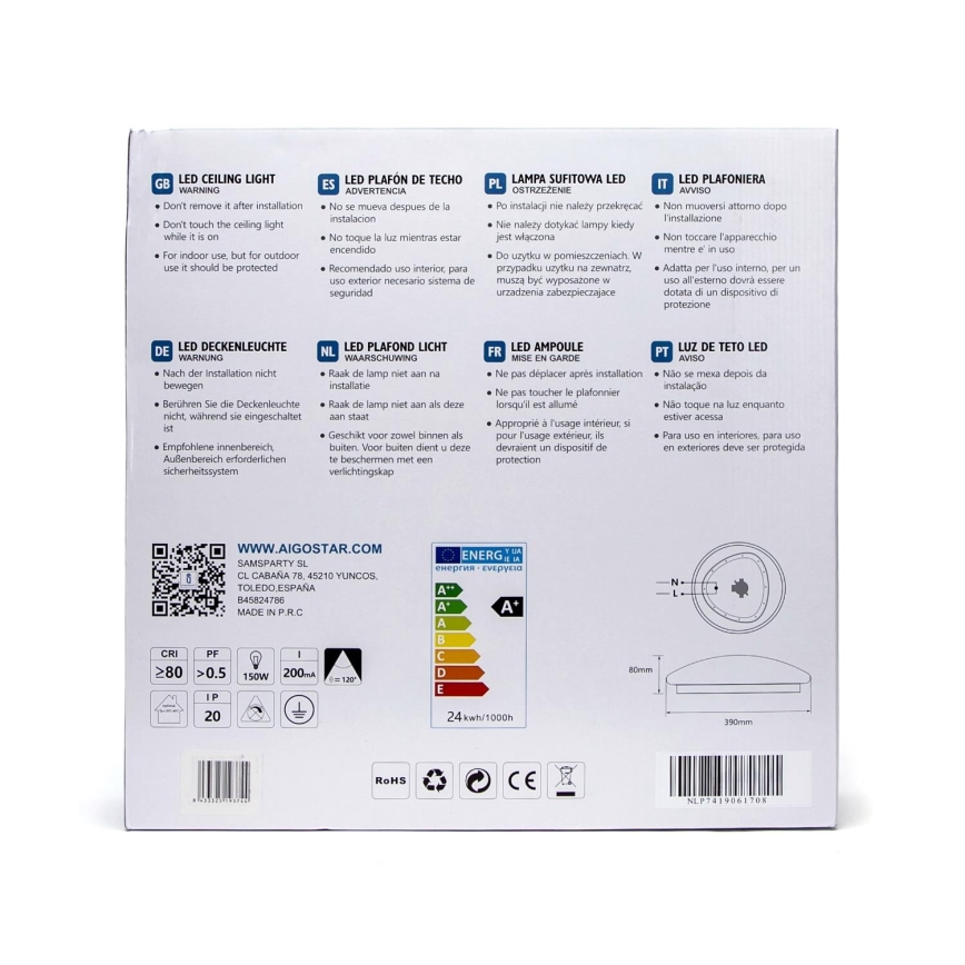 Plafonieră LED cu senzor LED/24W/230V 3000K Aigostar