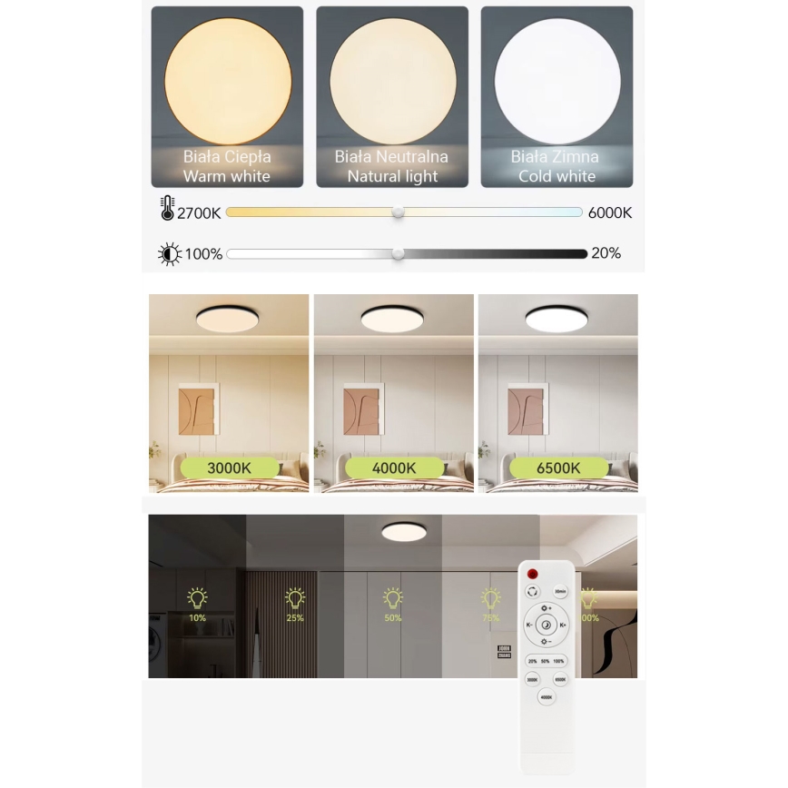 Plafonieră LED dimabilă LED/60W/230V 3000-6500K d. 60 cm negru + telecomandă