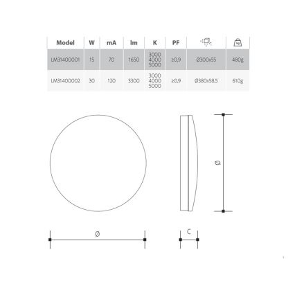 Plafonieră LED dimabilă pentru baie, 15W/230V, 3000/4000/5000K, diam. 30 cm, IP54