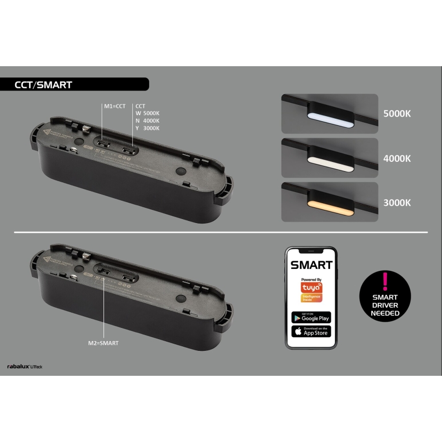 Plafonieră LED dimabilă pentru sistem de șină monofazic Rabalux LED/13W/24V 2700-5500K Wi-Fi Tuya 33 cm negru