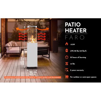 Planika - Șemineu pe gaz pentru exterior 142x36 cm 8kW 1xAAA alb + husă de protecție