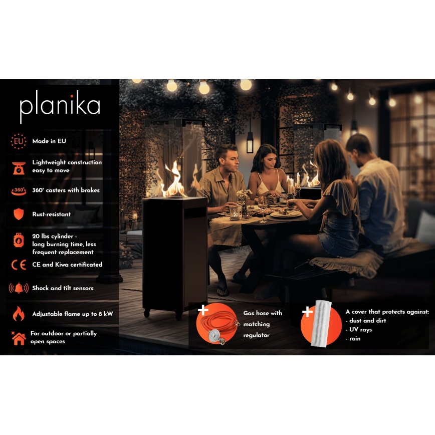 Planika - Șemineu pe gaz pentru exterior 142x36 cm 8kW 1xAAA gri + husă de protecție