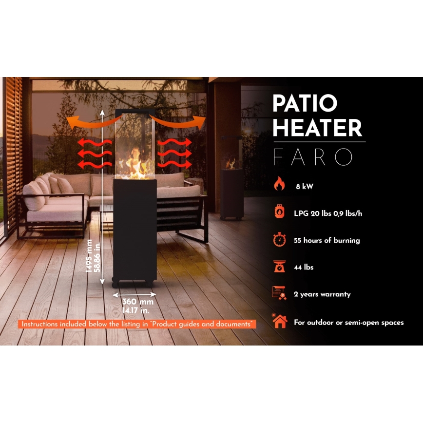 Planika - Șemineu pe gaz pentru exterior 142x36 cm 8kW 1xAAA negru + husă de protecție