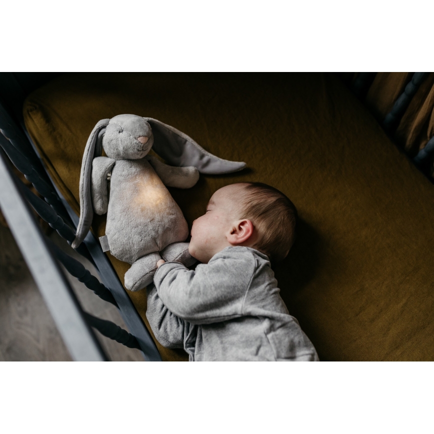 Pluș de îmbrățișat cu sunete și lumină Moonie iepuraș 2.0 organic grey