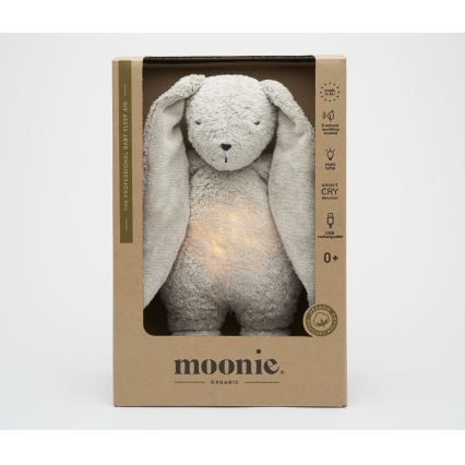 Pluș de îmbrățișat cu sunete și lumină Moonie iepuraș 2.0 organic grey