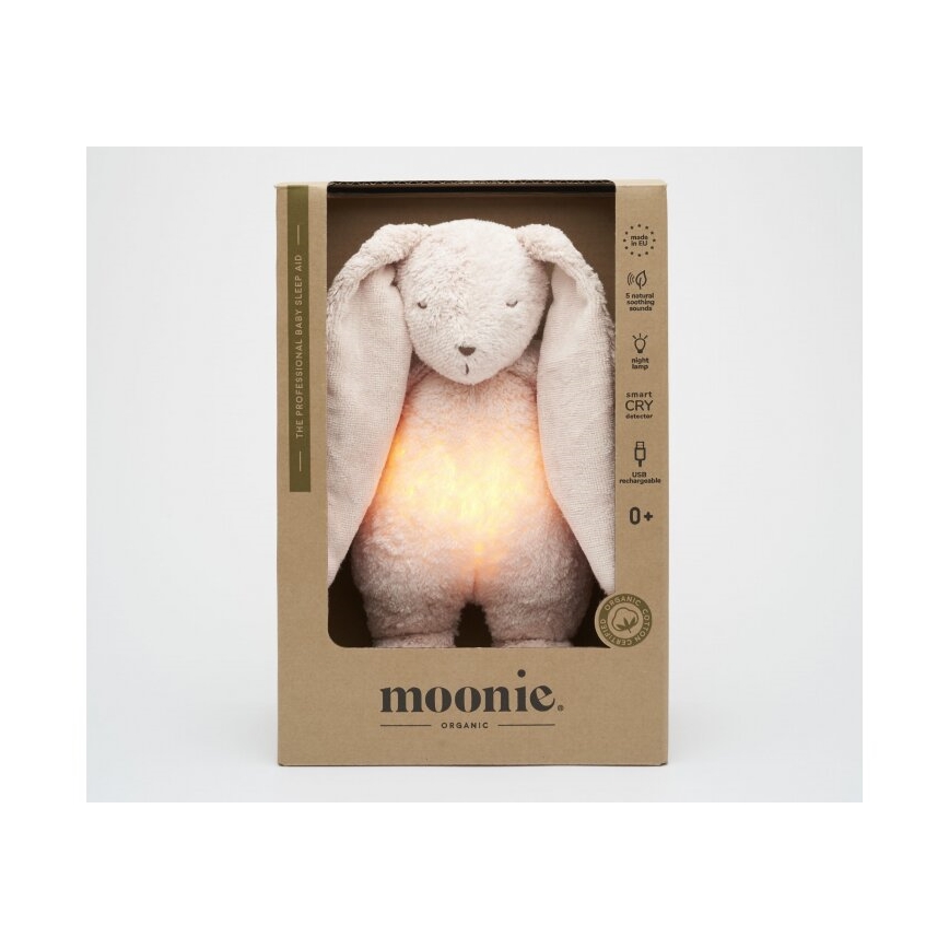 Pluș de îmbrățișat cu sunete și lumină Moonie iepuraș 2.0 organic rose