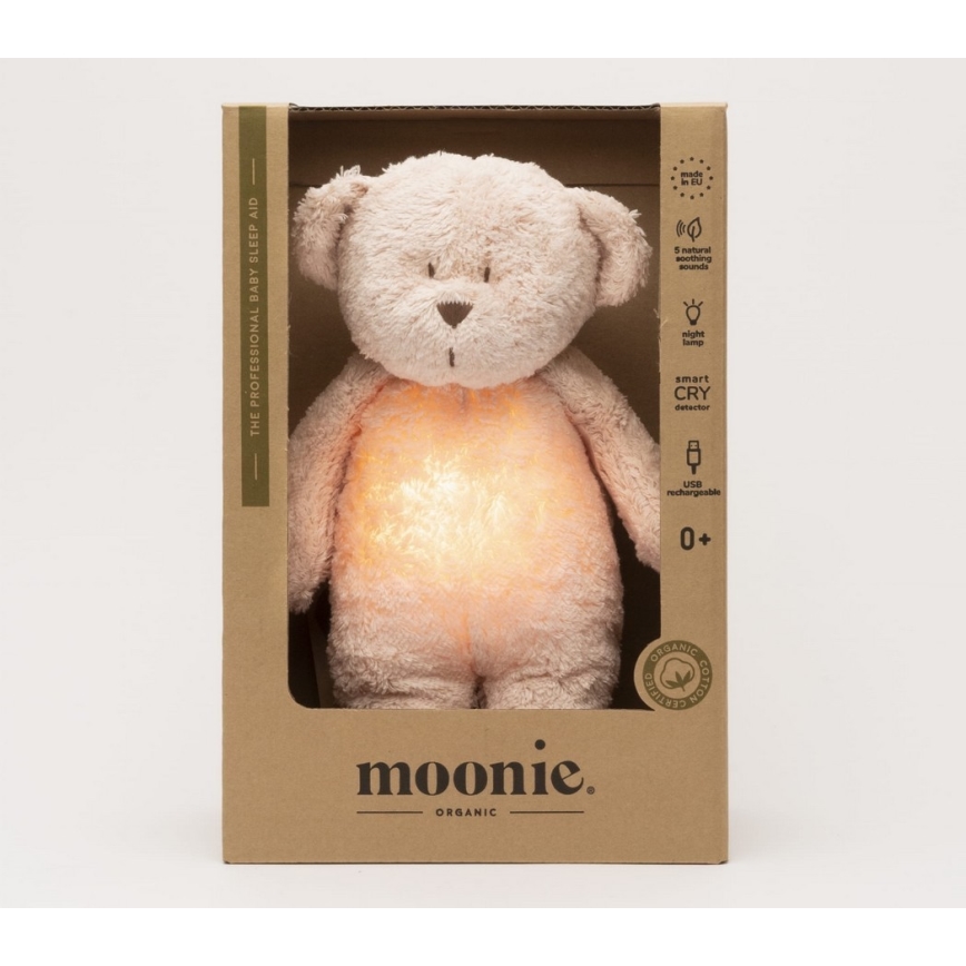 Pluș de îmbrățișat cu sunete și lumină Moonie ursuleț 2.0 organic rose