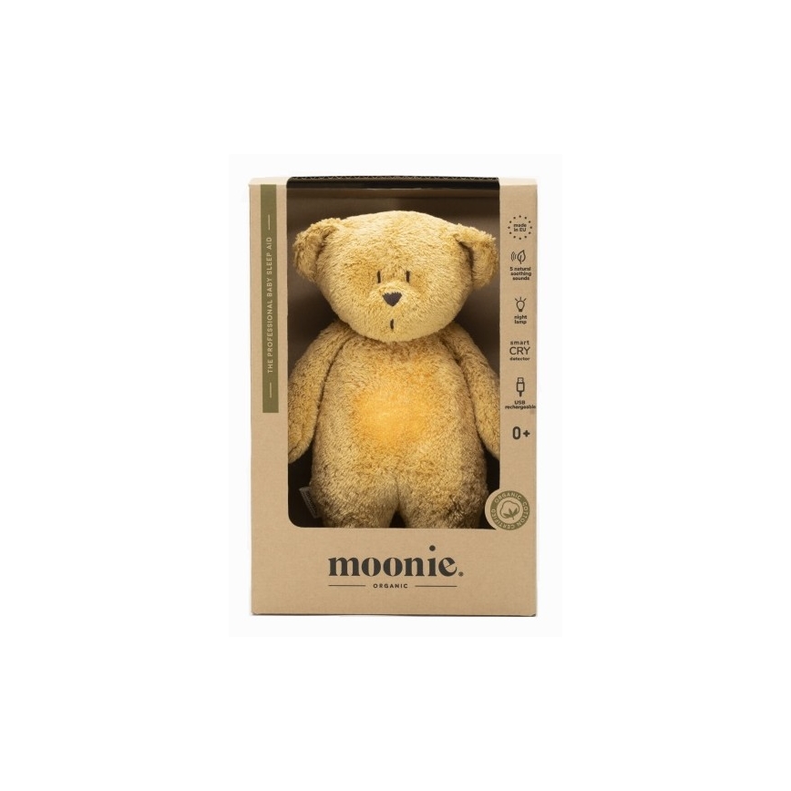 Pluș de îmbrățișat cu sunete și lumină Moonie ursuleț organic honey natur