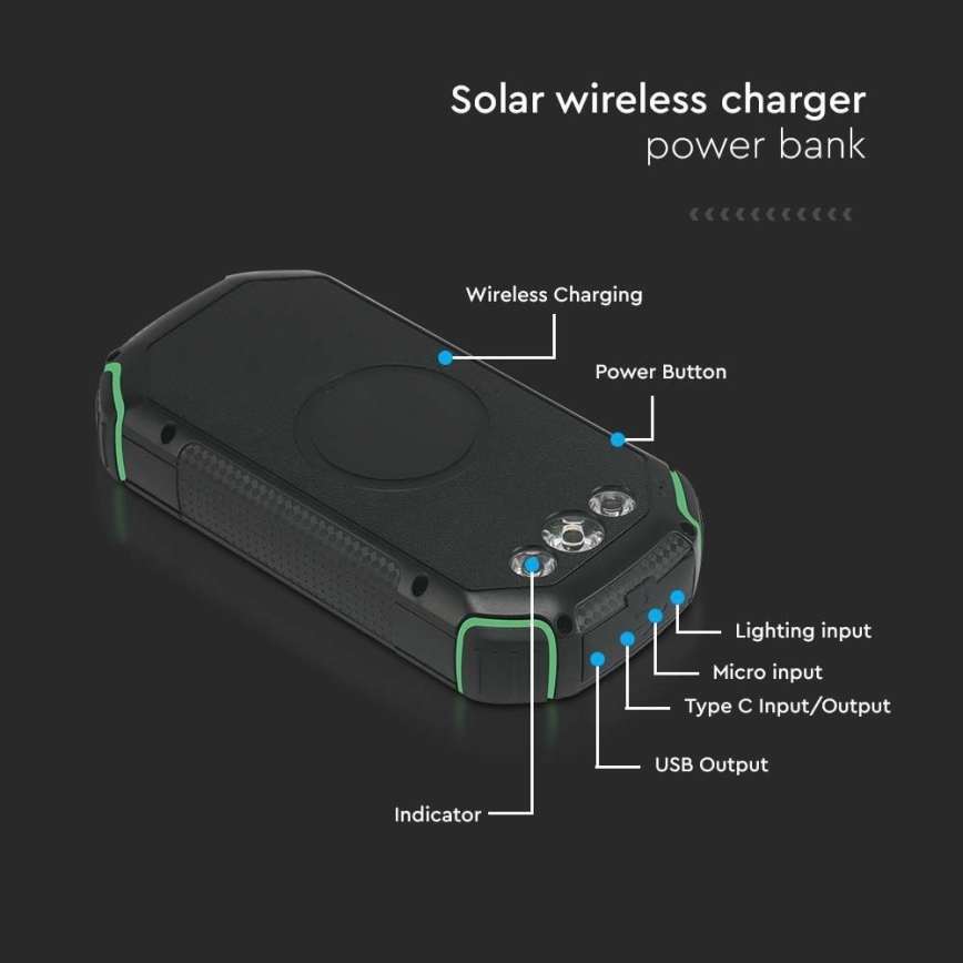 Power Bank solară cu lanternă Power Delivery 30000mAh/20W/5V negru