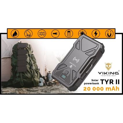 Viking - Powerbank 20000 mAh Power Delivery 22,5W cu lanternă LED, încărcare wireless și panou solar