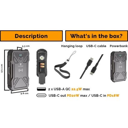 Viking - Powerbank 20000 mAh Power Delivery 22,5W cu lanternă LED, încărcare wireless și panou solar