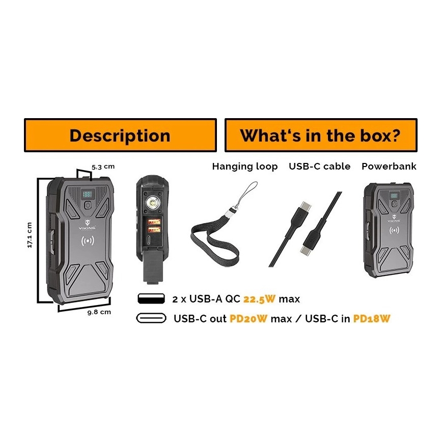 Viking - Powerbank 20000 mAh Power Delivery 22,5W cu lanternă LED, încărcare wireless și panou solar