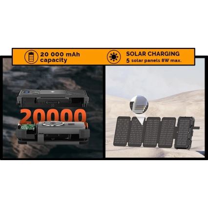 Viking - Powerbank 20000 mAh Power Delivery 22,5W cu lanternă LED, încărcare wireless și panou solar