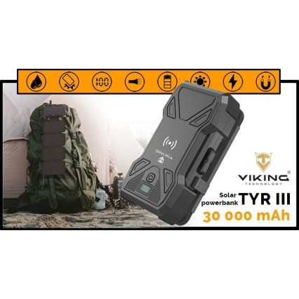 Viking – Powerbank cu lanternă LED, încărcare wireless și panou solar, Power Delivery 22,5 W / 30.000 mAh