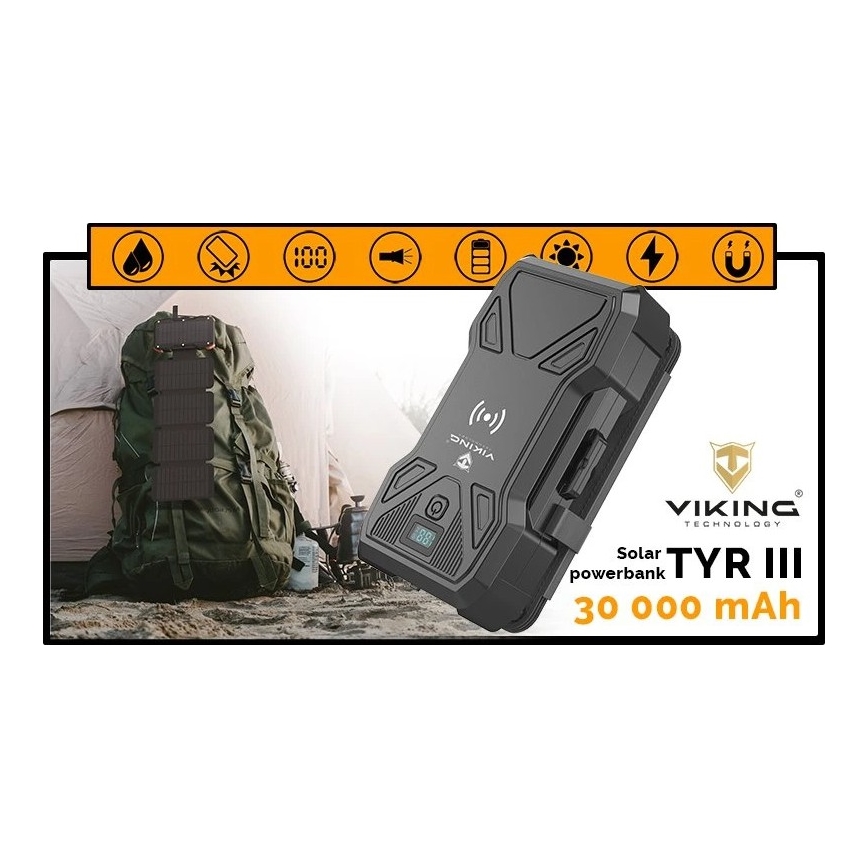 Viking – Powerbank cu lanternă LED, încărcare wireless și panou solar, Power Delivery 22,5 W / 30.000 mAh