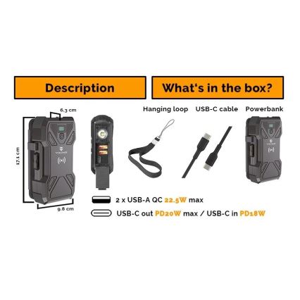 Viking – Powerbank cu lanternă LED, încărcare wireless și panou solar, Power Delivery 22,5 W / 30.000 mAh