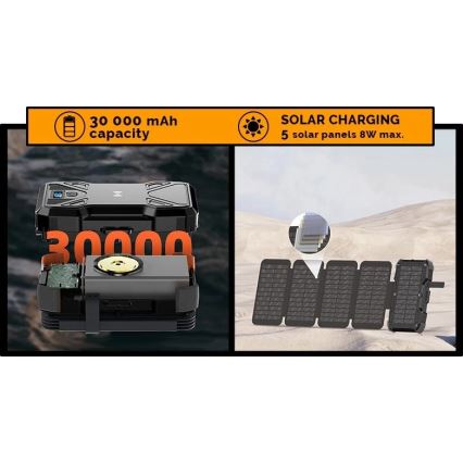 Viking – Powerbank cu lanternă LED, încărcare wireless și panou solar, Power Delivery 22,5 W / 30.000 mAh