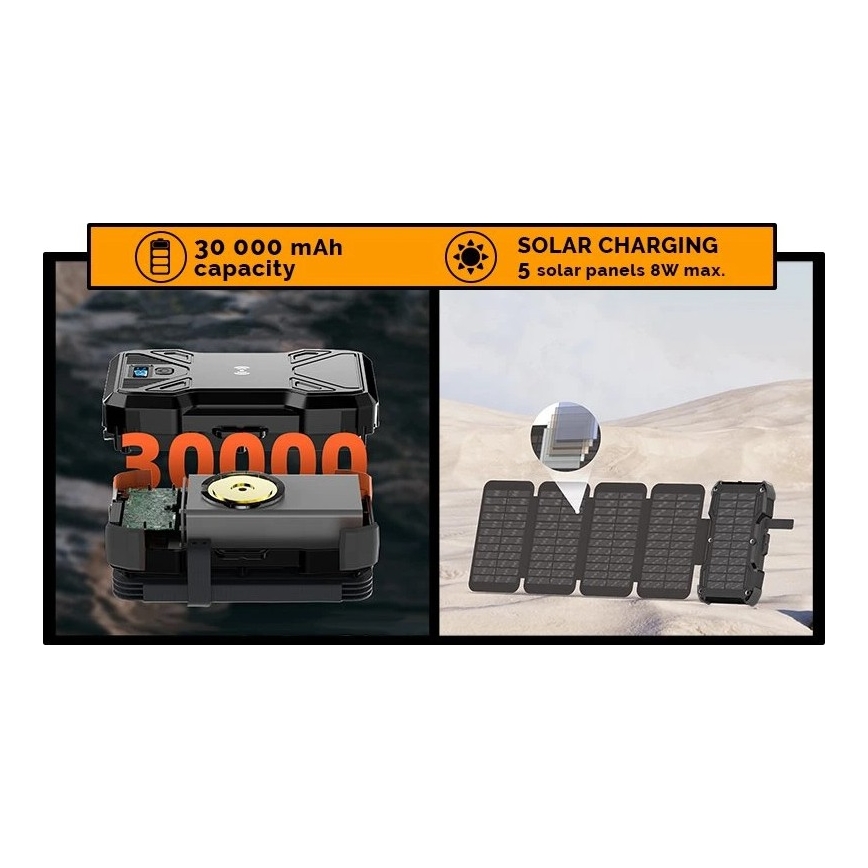 Viking – Powerbank cu lanternă LED, încărcare wireless și panou solar, Power Delivery 22,5 W / 30.000 mAh