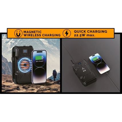 Viking – Powerbank cu lanternă LED, încărcare wireless și panou solar, Power Delivery 22,5 W / 30.000 mAh