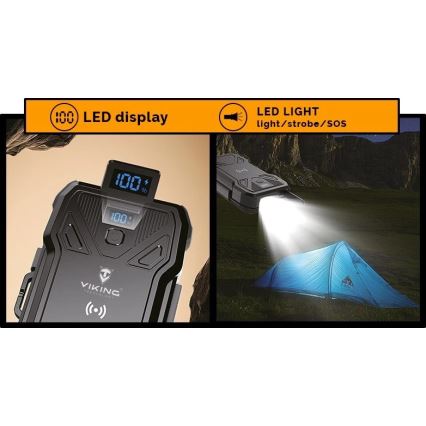 Viking – Powerbank cu lanternă LED, încărcare wireless și panou solar, Power Delivery 22,5 W / 30.000 mAh
