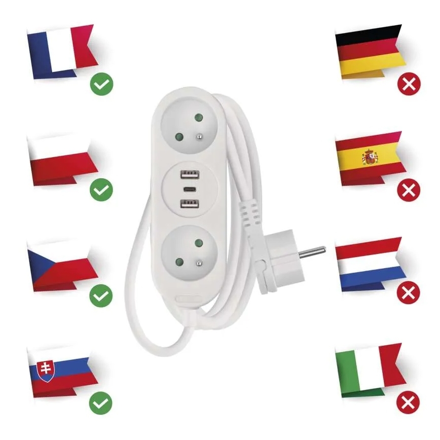 Prelungitor cu 2 prize, 2 porturi USB-A și 1 port USB-C, 1,4 m