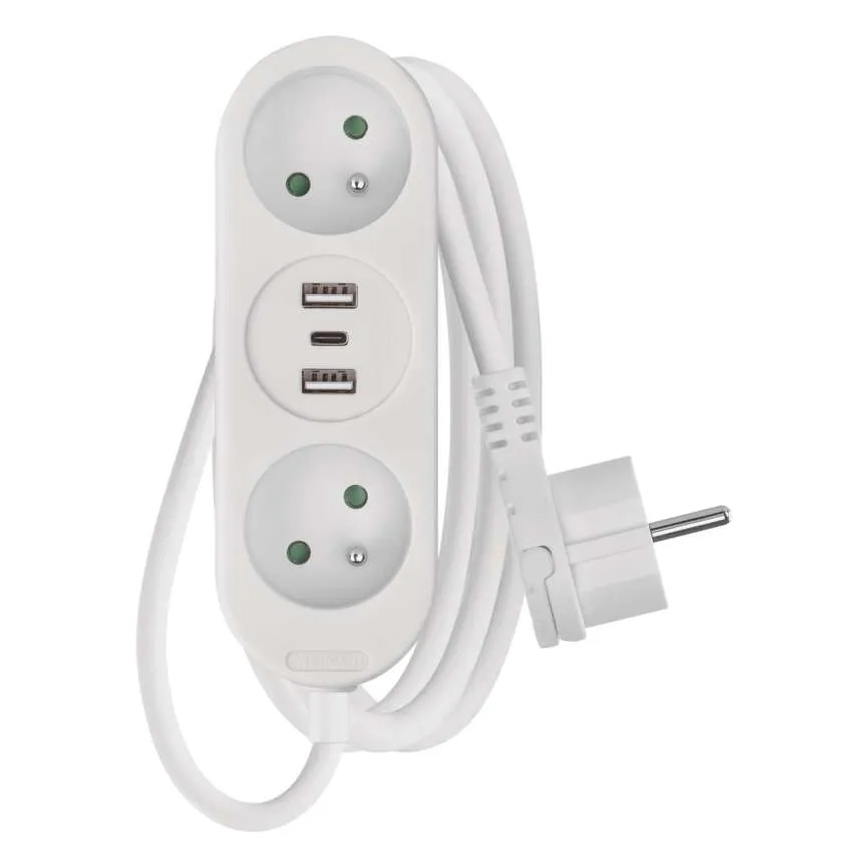 Prelungitor cu 2 prize, 2 porturi USB-A și 1 port USB-C, 1,4 m