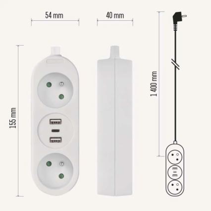 Prelungitor cu 2 prize, 2 porturi USB-A și 1 port USB-C, 1,4 m