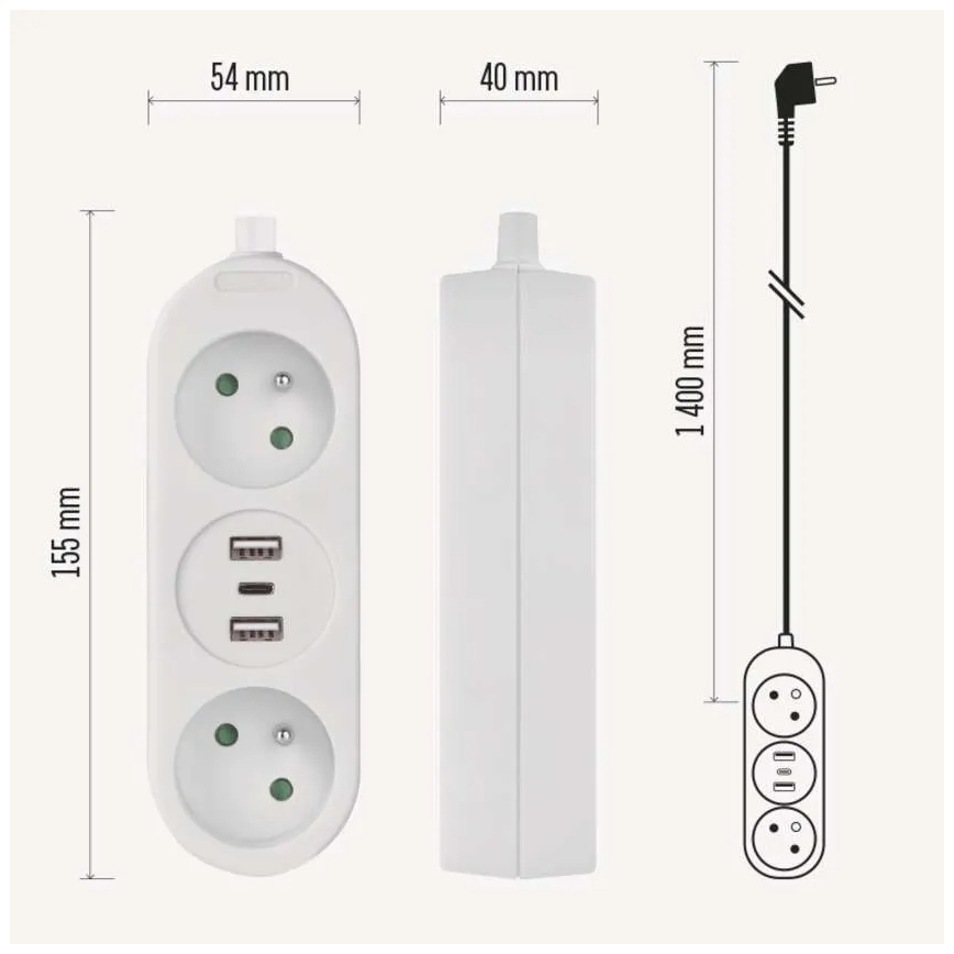 Prelungitor cu 2 prize, 2 porturi USB-A și 1 port USB-C, 1,4 m