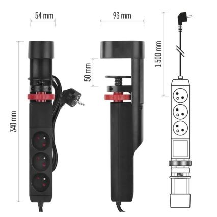 Prelungitor cu element de fixare de blat 3Z + 3xUSB 1,5m negru